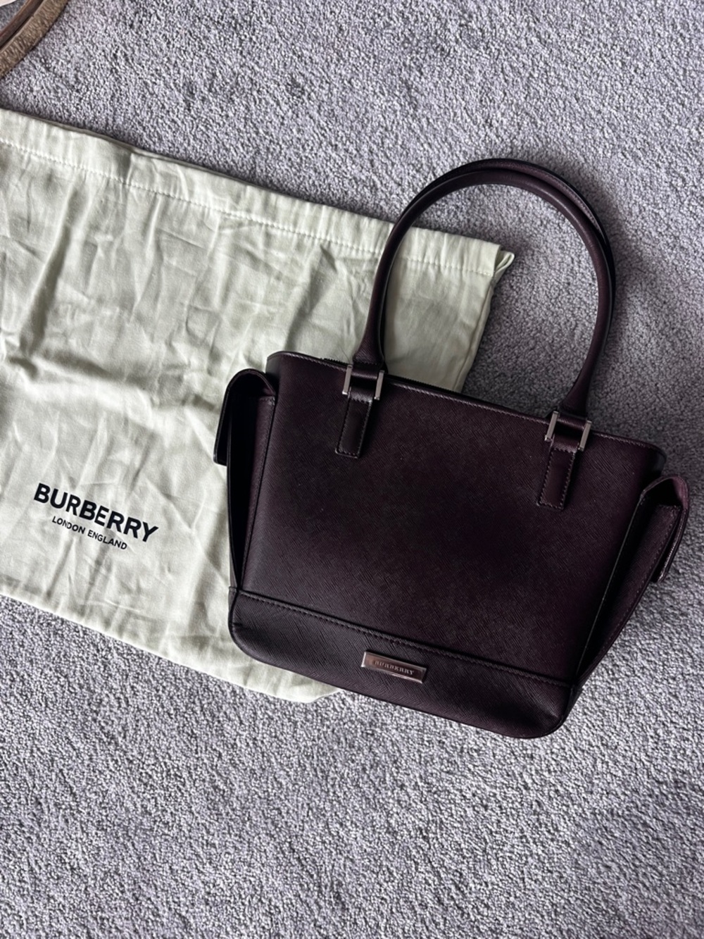 SALE! Burberry Nova Check Saffiano Leather Trapeze Tote Bag Dark Brown dust bag